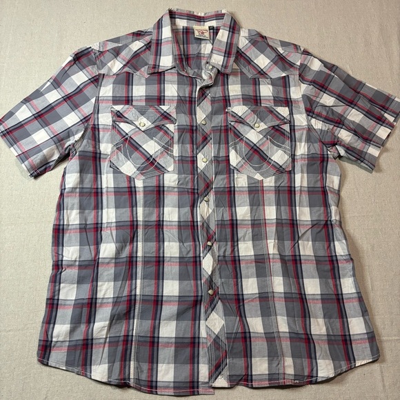 True Religion Shirt Mens XXXL 3XL Red Grey Pearl Snap Plaid Western Cowboy Rodeo - Picture 1 of 5
